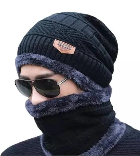 Woolen Cap with Neck Muffler Mens & Women New Monkey Cap Smooth Fur Winter Muffler (Pack of 1) Multicolor